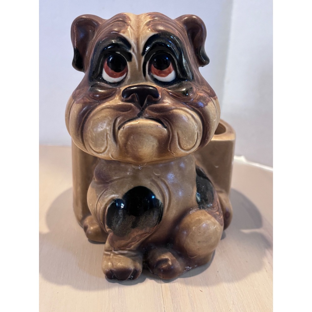 Vintage MCM Ceramic Bulldog Planter Figural Dog 1970s Brown Tan Glazed C2768